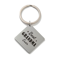 Rhombus Mother's Day Gift 201 Stainless Steel Word Best Grandma Keychains, with Iron Key Rings, Rhombus, 72.50mm