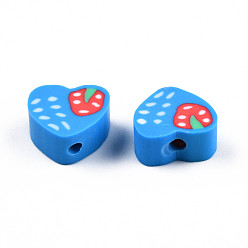 Dodger Blue Handmade Polymer Clay Beads, Heart with Strawberry Pattern, Dodger Blue, 7~10x8~10.5x4~5mm, Hole: 1.5mm