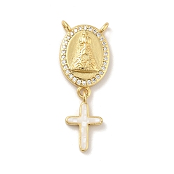 White Brass Charms, with Shell, Cadmium Free & Lead Free, Long-Lasting Plated, Oval with Cross, Real 18K Gold Plated, White, 30mm, Hole: 1.5mm