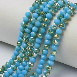 Deep Sky Blue Electroplate Opaque Solid Color Glass Beads Strands, Half Plated, Rainbow Plated, Faceted, Rondelle, Deep Sky Blue, 8x6mm, Hole: 1mm, about 65~68pcs/strand, 15.7~16.1 inch(40~41cm)