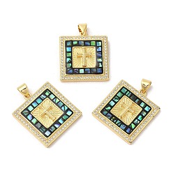 Черный Квадратные подвески из латуни с микропаве и цирконием, с эмалью и ракушкой, долговечный, без свинца и без кадмия, реальный 18 k позолоченный, чёрные, 24x21.5x4 мм, отверстие : 5x3 мм