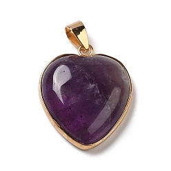 Amethyst Natural Amethyst Pendants, Heart Charms, with Golden Tone Iron and Brass Findings, 29x24x7mm, Hole: 6~6.5x3~3.5mm
