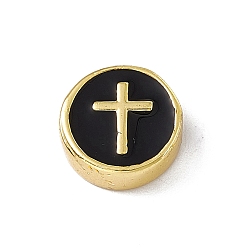 Black Real 18K Gold Plated Brass Enamel Beads, Long-Lasting Plated, Cadmium Free & Lead Free, Flat Round with Cross, Black, 11x4.5mm, Hole: 1.8mm