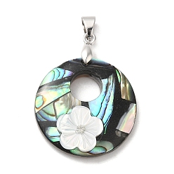 Platinum Natural Paua Shell Pendants, Flat Round Charms with Brass Rhinestone Findings and Natural White Shell Flower, Platinum, 27.5x7mm, Hole: 6x4mm