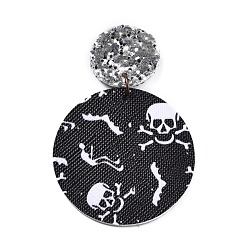 Black Halloween Theme Imitation Leather Pendant, with Iron Jump Ring, Flat Round with Skull, Black, 59mm, Hole: 1.6mm