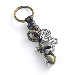 Vehicle Punk Style Woven Cow Leather Alloy Pendant Keychain, for Car Key Pendant, Antique Silver, Battery Car, Vehicle Pattern, 1cm