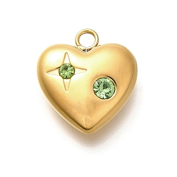 Хризолит 304 из нержавеющей стали горный хрусталь подвески, ионное покрытие (ip), реальный 14 k позолоченный, сердце, хризолит, 18.5x16.5x6.5 мм, отверстие : 2.5 мм