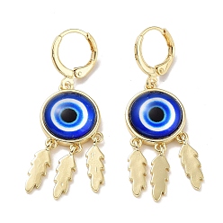 Blue Real 18K Gold Plated Brass Feather Chandelier Earrings, Glass Evil Eye Drop Earrings, Blue, 43.5x14mm