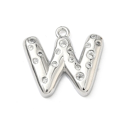 Letter W Латунные микропаве прозрачные подвески с фианитом, без кадмия и без свинца, долговечный, стойки покрытие, платина, Буква W, 21x23x4 мм, отверстие : 1.8 мм