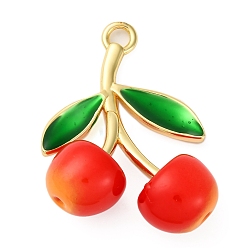 Оранжево-Красный Подвески из латуни, зеленой эмали и пластика с вишней, фруктовые прелести, реальный 18 k позолоченный, стойки покрытие, долговечный, без кадмия и без свинца, оранжево-красный, 37.5x29x13.5 мм, отверстие : 3x3.5 мм