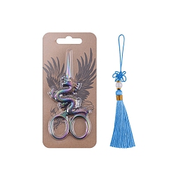 Deep Sky Blue Rainbow Color Dragon-shaped Stainless Steel Scissors, Embroidery Scissors, Sewing Scissors, with Tassel Fittings Pendants, Deep Sky Blue, 115x53mm