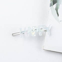 White PVC Hair Bobby Pins, with Metal Finding, Word HAPPY, White, 65x15mm