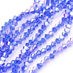 Dodger Blue Glass Beads Strands, AB Color Plated, Faceted, Bicone, Dodger Blue, 4x4mm, Hole: 1mm, about 92~96pcs/strand, 13.78~14.37 inch