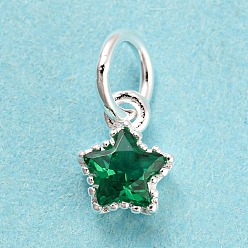 Green 925 Sterling Silver Charms, with Cubic Zirconia, Faceted Star, Silver, Green, 7x5x2.5mm, Hole: 3mm