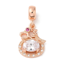 Rose Gold Rack Plating Brass Pave Cubic Zirconia European Dangle Charms, Large Hole Dragon Pendants, Cadmium Free & Lead Free, Long-Lasting Plated, Rose Gold, 26mm, Pendant: 17.5x13.5x4.5mm, Hole: 4.8mm