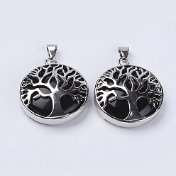 Black Agate Natural Dyed Black Agate Pendants, with Platinum Plated Brass Findings, Flat Round with Tree of Life, 31x27x8mm, Hole: 3.5x7mm