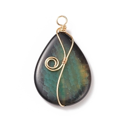 Green Natural Crackle Agate Pendants, Golden Tone Copper Wire Wrapped Teardrop Charms, Green, 48x27x6.5mm, Hole: 4.5mm