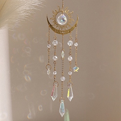 Golden Alloy Sun & Moon Hanging Ornaments, Teardrop Glass Tassel Suncatchers for Home Outdoor Decoration, Golden, 400mm