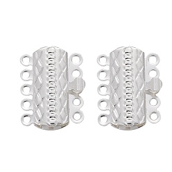 Silver 304 Stainless Steel Box Clasps, Multi-Strand Clasps, 5-Strands, 10-Holes, Rectangle with Flower, Silver Color Plated, 19.5x15x3mm, Hole: 1.4mm