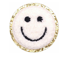 Snow Flat Round with Smiling Face Computerized Towel Embroidery Cloth Iron on/Sew on Patches, Chenille Appliques, Costume Accessories, Snow, 50mm
