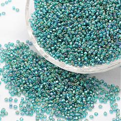 Dark Turquoise 8/0 Round Glass Seed Beads, Grade A, Silver Lined Square Hole, Transparent Colours Rainbow, Dark Turquoise, 2.8~3.2mm, Hole: 1.0mm, about 15000pcs/pound