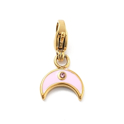 Pink 304 подвеска из эмали из нержавеющей стали, серп, с когтя омара застежками и стразами, ионное покрытие (ip), реальный 14 k позолоченный, розовые, 20 мм