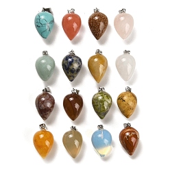 Mixed Stone Natural & Synthetic Mixed Gemstone Pendants, with Platinum Plated Iron Snap on Bails, Teardrop, 24~25x15~16mm, Hole: 7x3.5mm