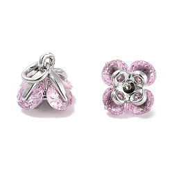 Pink Латунные микро проложить кубического циркония прелести, с целью перехода в кольце, цветок, платина, розовые, 7.5x7.5x7.5 мм, отверстие : 1.8 мм