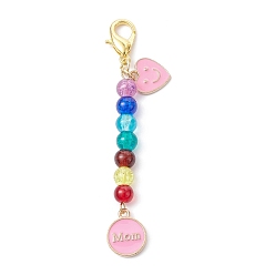 Pink Mother's Day Flat Round with Word Mom & Heart Alloy Enamel Pendant Decorations, Glass Beads and Lobster Claw Clasps Charm, Pink, 76mm