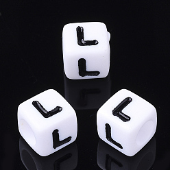 Letter L Acrylic Horizontal Hole Letter Beads, Cube, Letter L, White, Size: about 7mm wide, 7mm long, 7mm high, hole: 3.5mm, about 2000pcs/500g