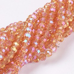 Orange Electroplate Glass Beads Strands, Full Rainbow Plated, Faceted, Round, Orange, 3.5~4.5mm, Hole: 0.5mm, about 100pcs/strand, 13.9~15.7 inch(35.5~40cm)