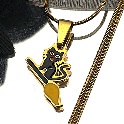 Doré  201 Colliers pendentifs en acier inoxydable émaillé en forme de chat noir d'Halloween, or, 15.75 pouce (40 cm)