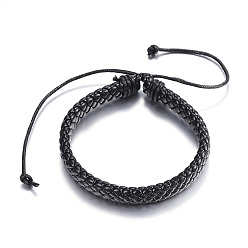 Black Adjustable Braided PU Leather Cord Bracelets, Black, 2-3/8 inch(60mm)
