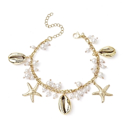 Golden Shell Pearl & Starfish & Shell Charm Bracelets, with 304 Stainless Steel Chains, Golden, 7-1/4 inch(18.3cm)