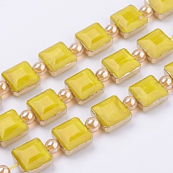 Gold Opaque Glass Beads Strands, with Brass Findings, Faceted, Square, Gold, 13x13x8mm, Hole: 1mm, about 10pcs/strand, 7.2 inch (18.3cm)