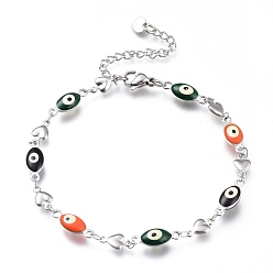 Colorful 304 Stainless Steel Link Bracelets, with Enamel and Lobster Claw Clasps, Evil Eye & Heart, Stainless Steel Color, Colorful, 8-1/4 inch(21cm), Eye: 15x5.5x4mm