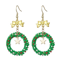 Green Handmade Seed Beads Dangle Earrings, with Alloy Pendants, Christmas Wreath, Green, 64x29mm