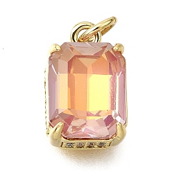 Настоящее золото 18K Латунь стекло амулеты, прямоугольник амулеты, с петлей для прыжковых колец, без свинца и без кадмия, стойки покрытие, прочное покрытие, граненые, реальный 18 k позолоченный, 11x8x7 мм, отверстие : 3 мм