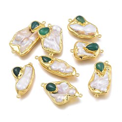 Green Natural Cultured Freshwater Pearl Links Connectors, with Edge Golden Plated Edge Brass Findings and Natural Chalcedony, Nuggets, Green, 34~50x18~36x7.7~12mm, Hole: 1.6mm