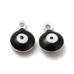 Black 304 Stainless Steel Evil Eye Enamel Charms, Flat Round Charm, Stainless Steel Color, Black, 7.5x6x3mm, Hole: 1mm