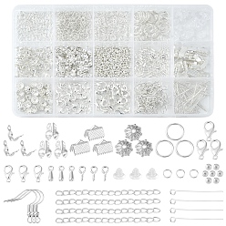 Silver DIY Jewelry Making Finding Kit, Including Brass Bead Tips & Crimp Beads, Iron Chain Extender & Jump Rings & Ribbon Crimp Ends & Pins & Earring Hook, Alloy Clasps & Charms, Plastic Ear Nuts, Silver