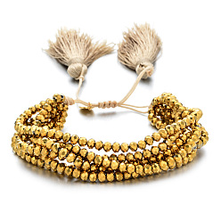 Золотистый Браслеты из граненых стеклянных бусин, регулируемые плетеные многорядные браслеты с кисточками для женщин, золотые