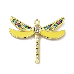 Yellow Rack Plating Brass Cubic Zirconia Pendants, with Enamel, Long-Lasting Plated, Lead Free & Cadmium Free, Real 18K Gold Plated, Dragonfly, Yellow, 25.5x30x3mm, Hole: 1.6mm