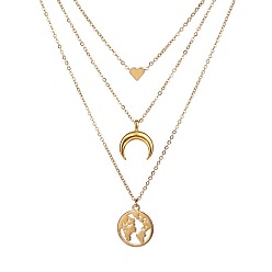 golden Geometric Circle Map Pendant Necklace - Fashionable and Minimalist Heart Alloy Collarbone Chain.
