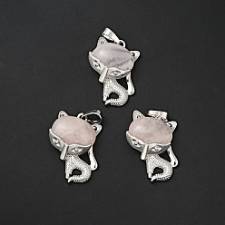 Розовый Кварц Природного розового кварца подвески, с латунной фурнитурой платинового цвета, без свинца и без кадмия, лиса прелести, 30~32x22x7~8 мм, отверстие : 5x8 мм