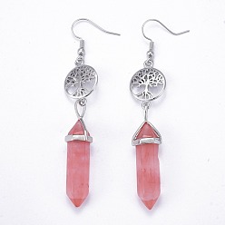 Cherry Quartz Glass Pointed Bullet Cherry Quartz Glass Dangle Earrings, with Brass Earring Hooks and Flat Round with Tree of Life Links, Platinum, 76mm, Pin: 0.7mm