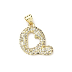 Letter Q Латунные микро проложить кубического циркония подвески, стойки покрытие, буквы, без свинца и без кадмия, долговечный, реальный 18 k позолоченный, Буква Q, 19x18x2.5 мм, отверстие : 3.9x3.3 мм