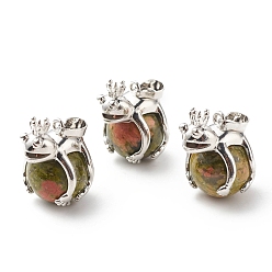 Unakite Natural Unakite Pendants, with Platinum Tone Brass Findings, Cadmium Free & Lead Free, Frog with Round Ball, 25x22.5x17mm, Hole: 4.5x7.5mm