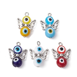 Mixed Color Evil Eye Resin Bead Pendants, Angel Charms with Antique Silver Plated Alloy Wings, Mixed Color, 25x17.5x10mm, Hole: 2mm