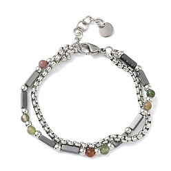 (RRHB277) Кристалл на подкладке из медово-бежевого цвета Многорядные бусины из натурального индийского агата и немагнитного синтетического гематита, вышитый бисером браслеты для женщин, с 201 нержавеющей сталью и 304 фурнитурой из нержавеющей стали, 7-1/2 дюйм (19.1 см)